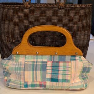 Madras Plaid Patchwork Handbag with Wooden Handles 100% Cotton Bag Preppy